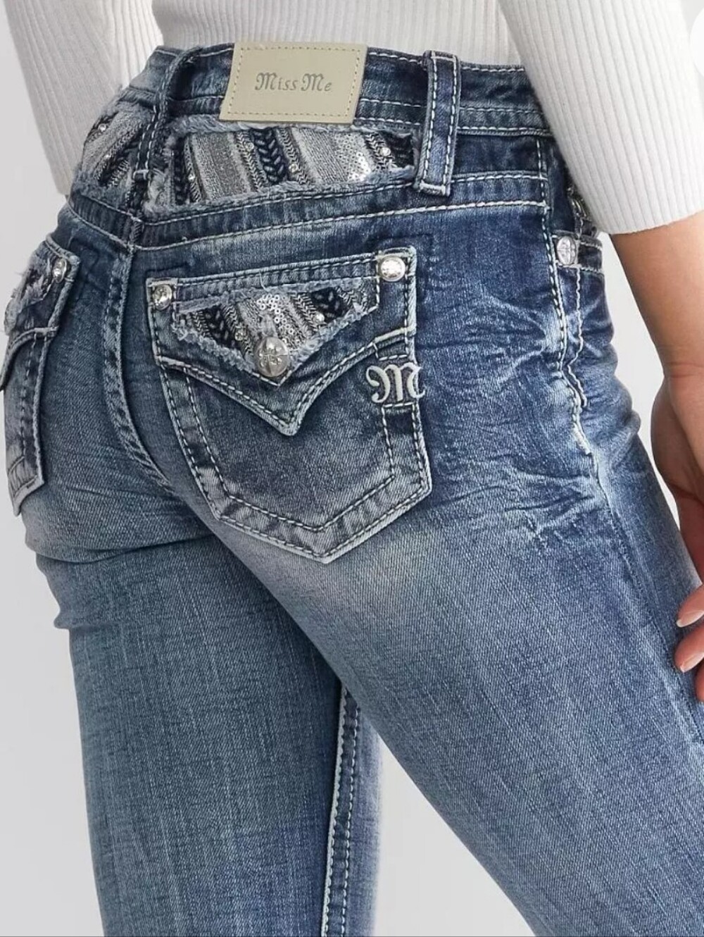 Miss Me Mid-Rise Ankle Skinny Jeans Embellished Sequin Flap Pocket Y2K Size 27